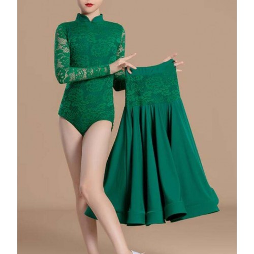 Girls blue dark green lace ballroom dance dresses for kids children waltz tango foxtrot smooth dance long swing skirts modern dance costumes 